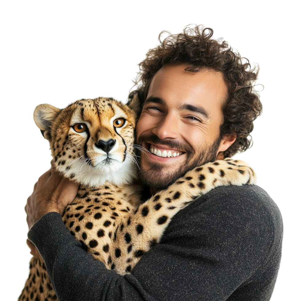 cheetah man with a man hugging a cheetah png