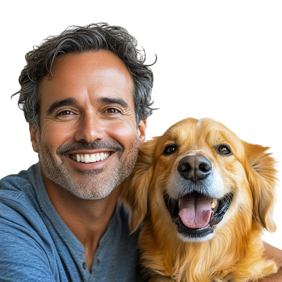 a man with a dog is smiling png