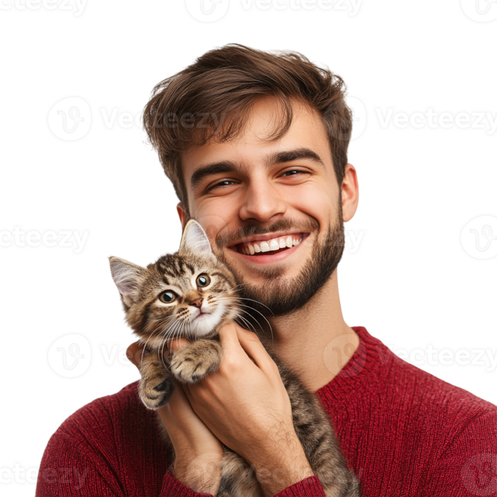 Red shirt smiling man holding a cat on transparent background png