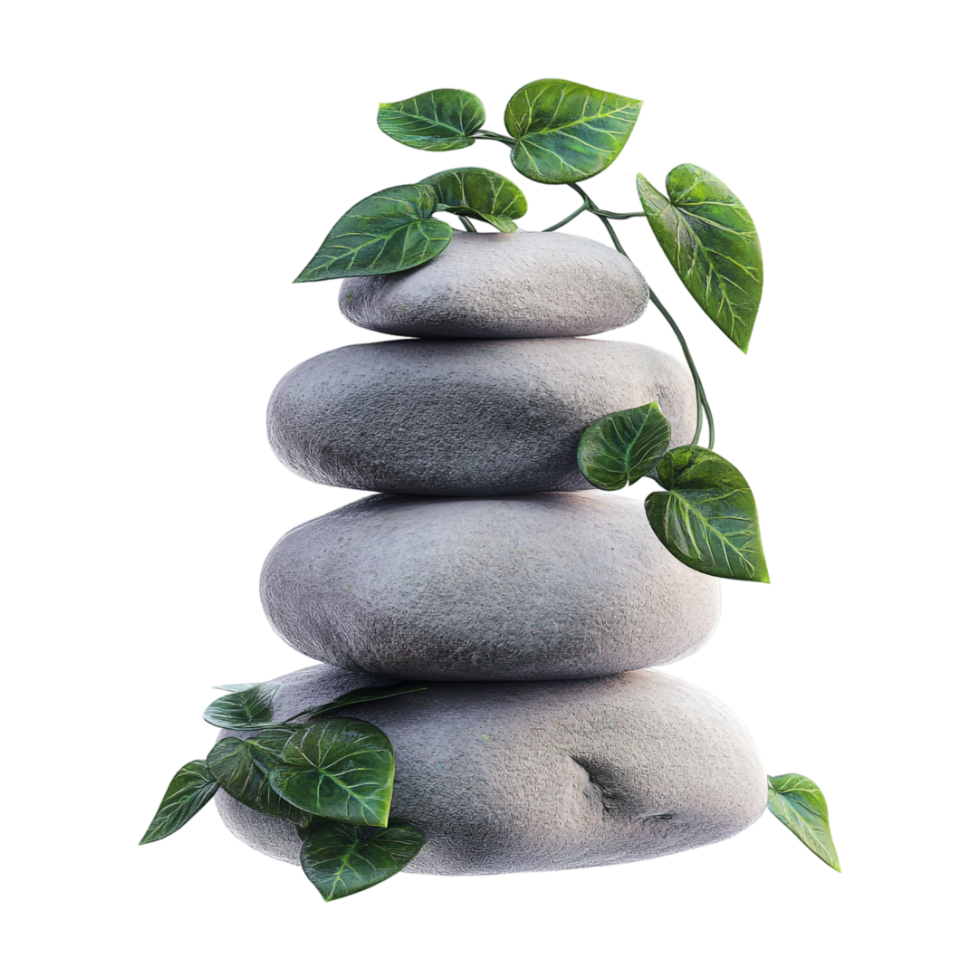 stack of stones with green leaves png
