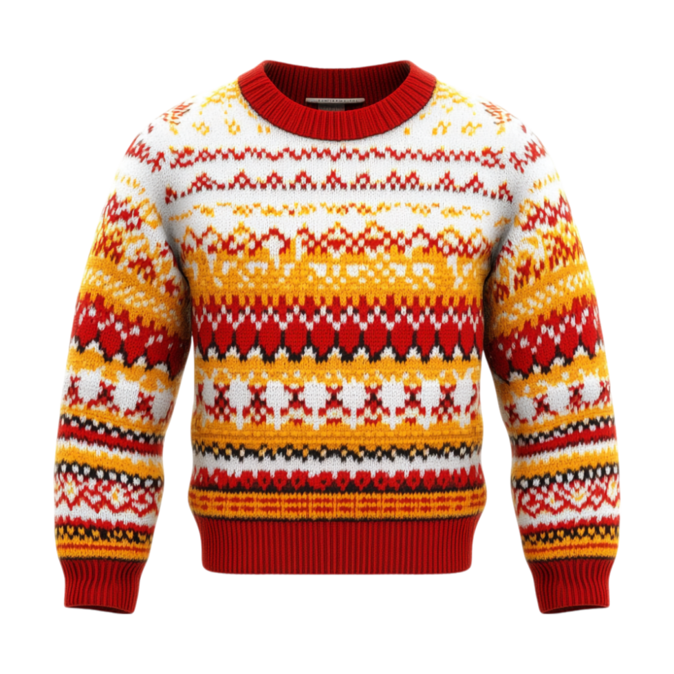 a sweater with a red, yellow and white pattern png