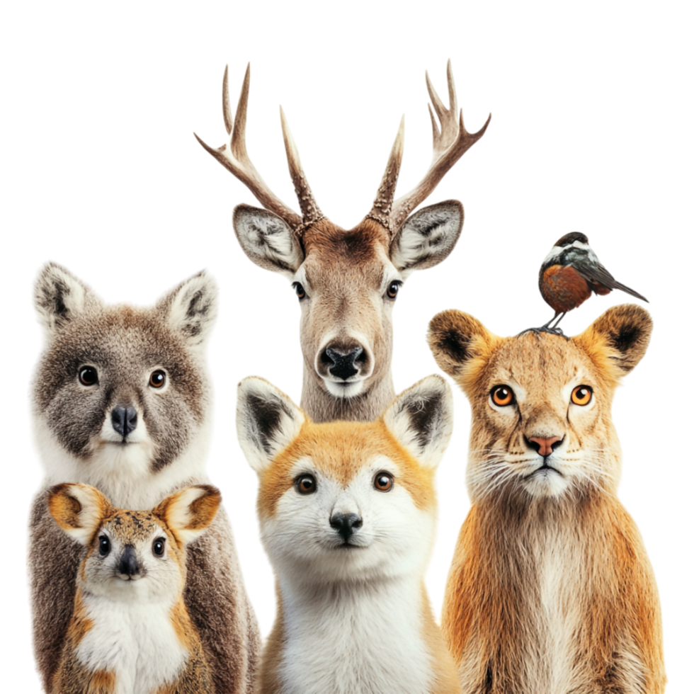group of animals, including deer, fox, and bear png