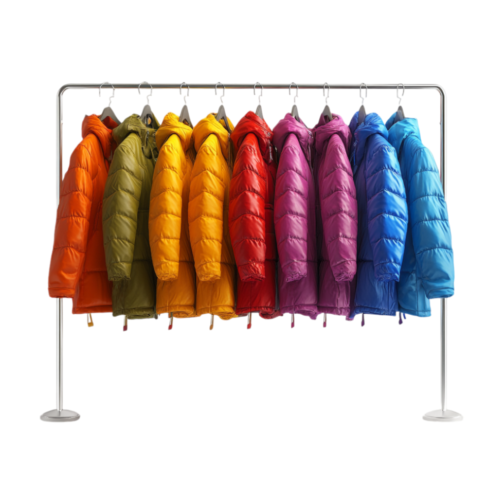 colorful coats hanging on a rack on a transparent background png