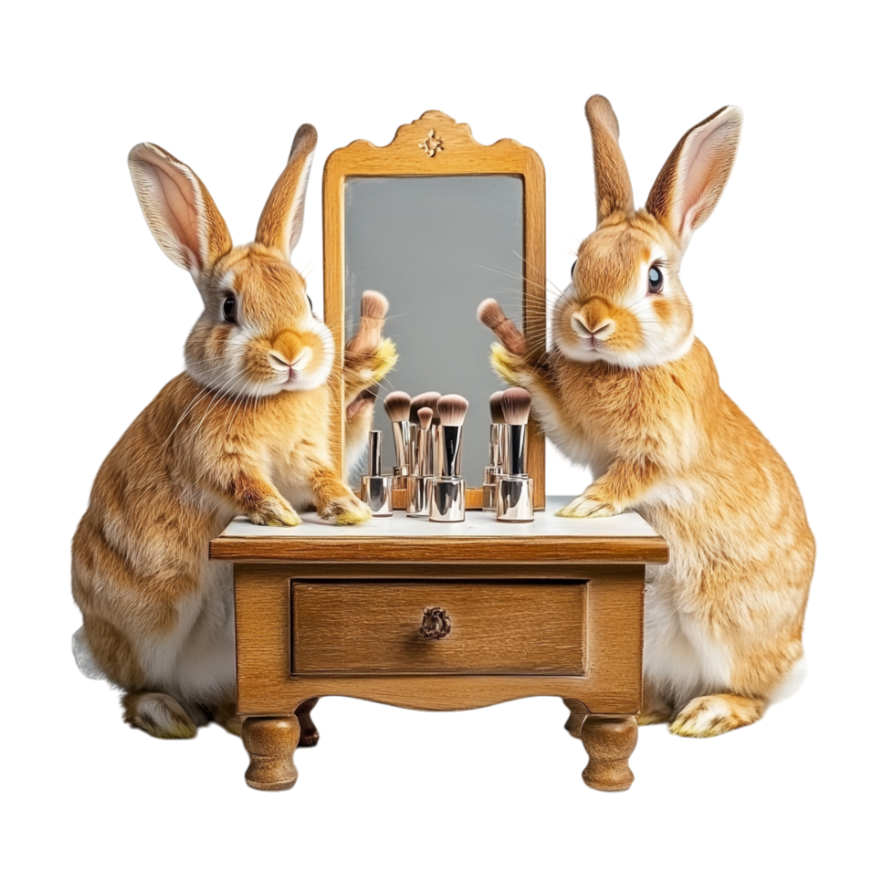 two rabbits are sitting on a table with a mirror png
