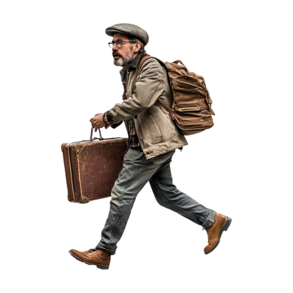 man with a suitcase running with a backpack png