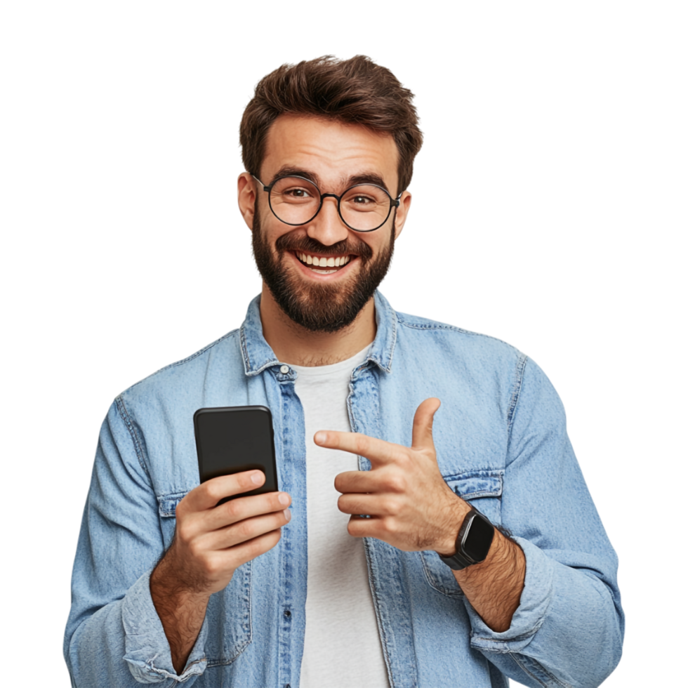 smiling man holding smartphone and pointing at it png