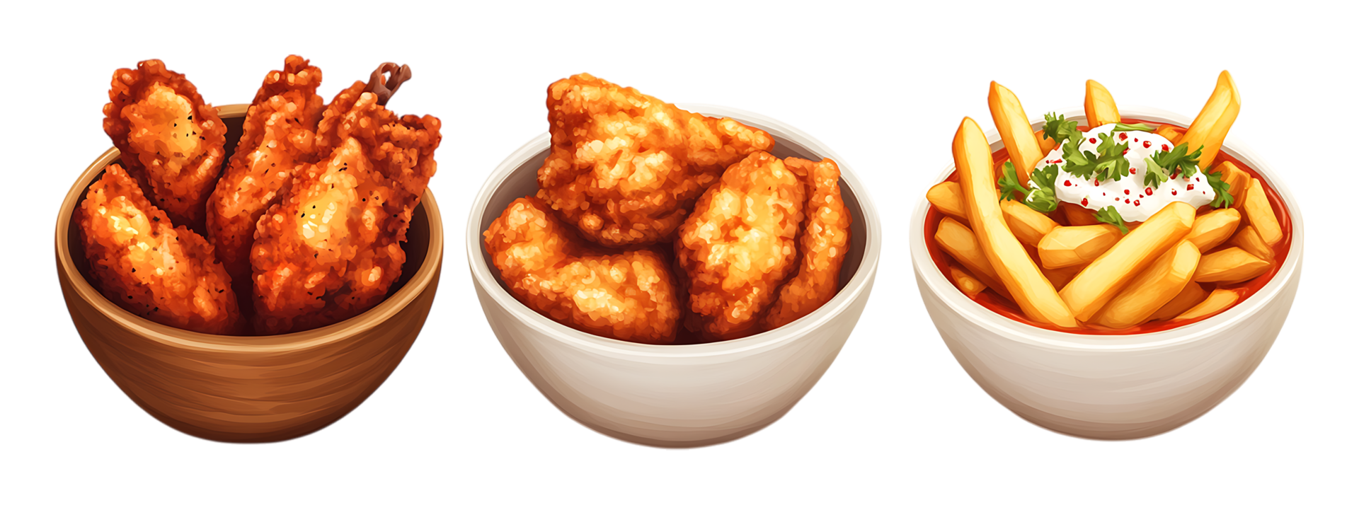 three bowls of chicken wings and fries png