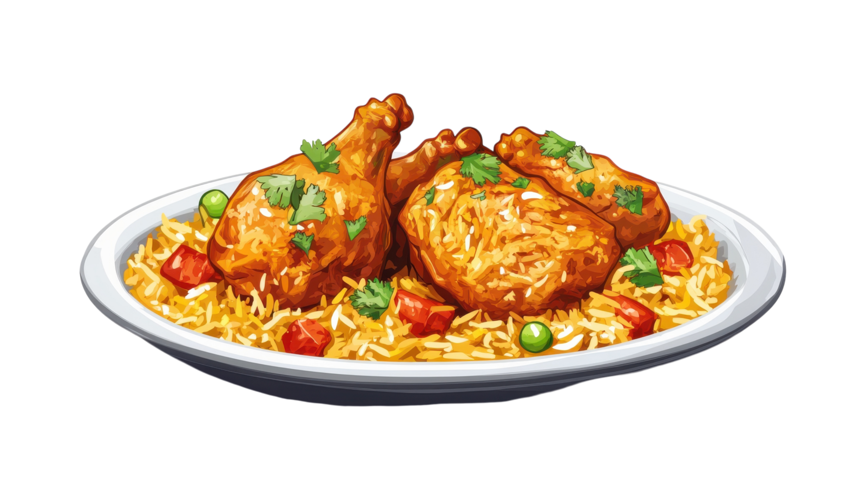 Delicious plate of fried chicken served on a bed of seasoned rice with vegetables and herbs at a dining table png
