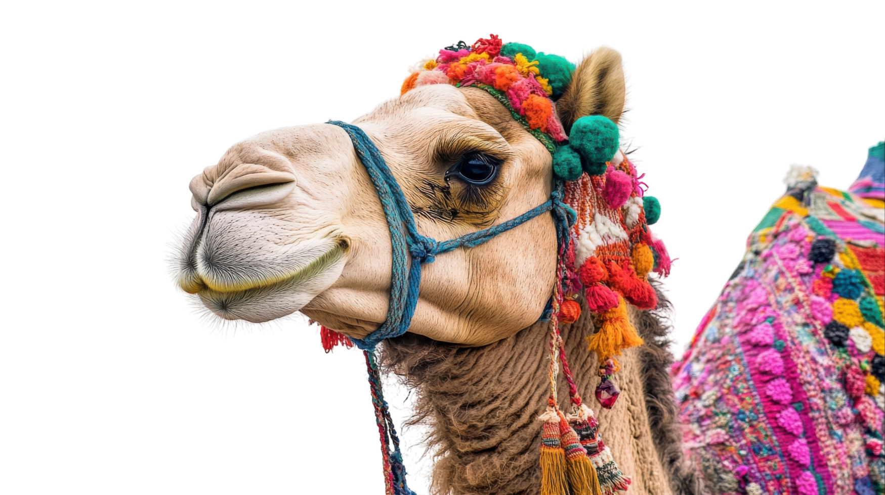 Colorful camel adorned with bright decorations stands proudly in a desert setting during daylight png