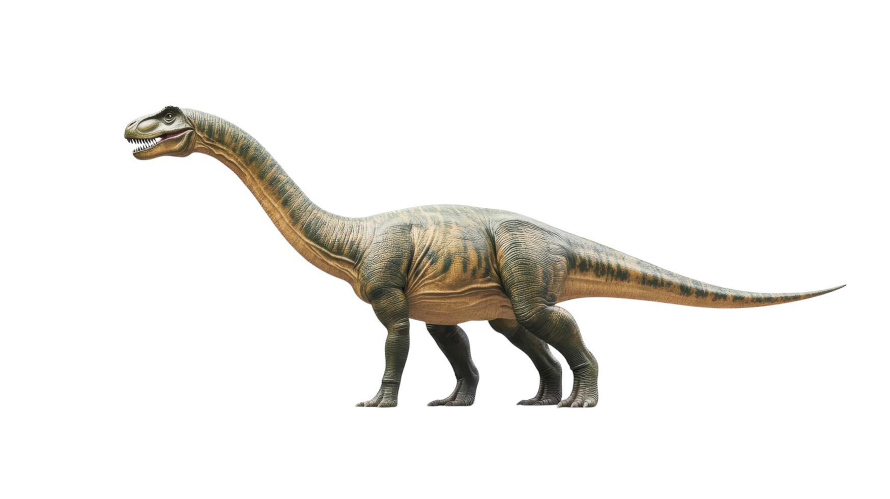 Realistic representation of a dinosaur walking on a white background showcasing its massive body and long neck png