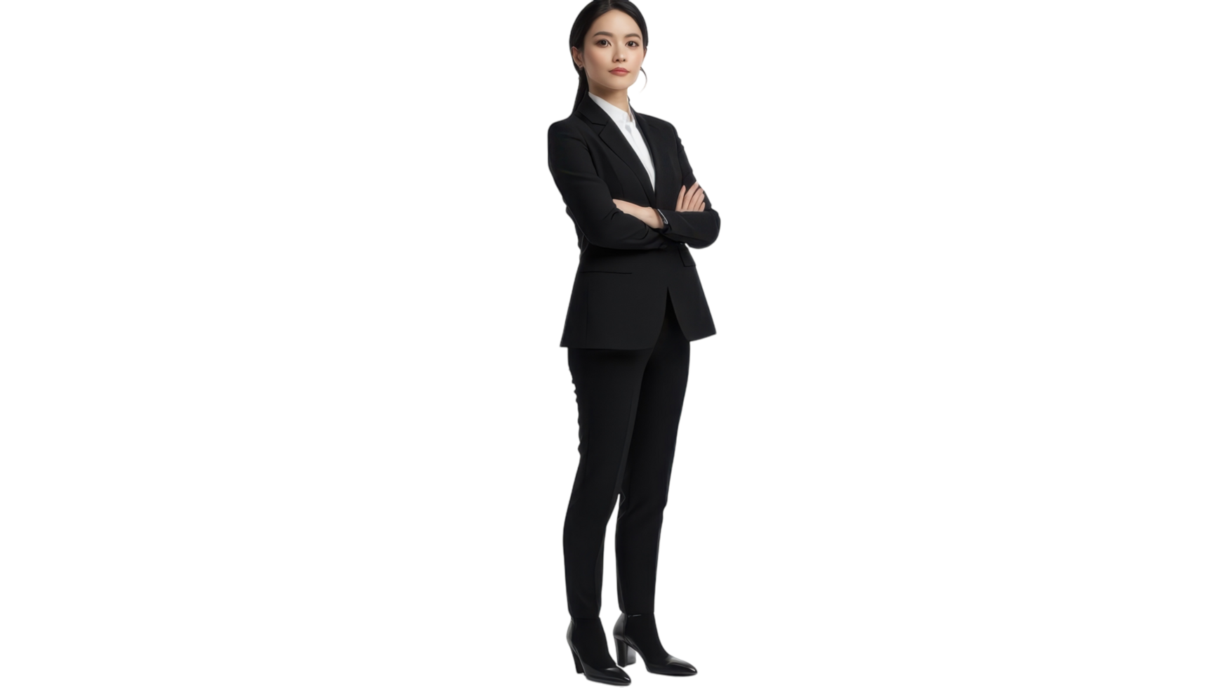 Confident businesswoman in a tailored black suit standing with arms crossed, showcasing professionalism in a modern setting png
