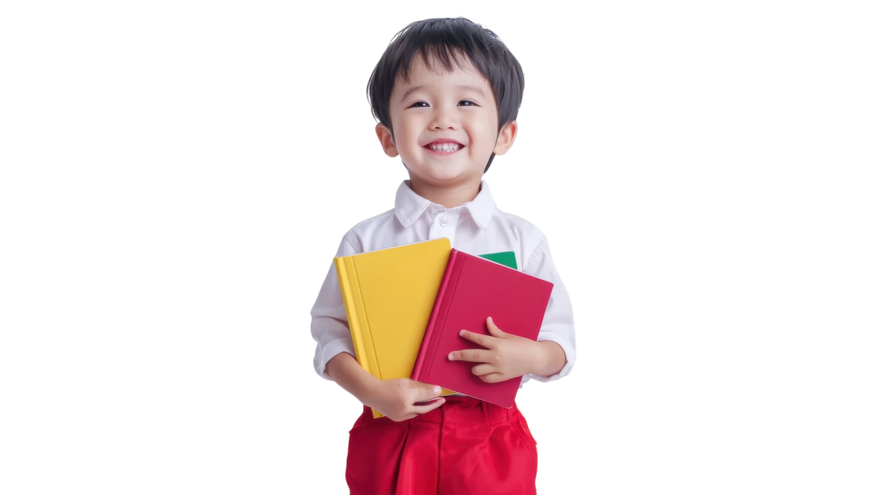 Smiling young boy holds colorful books in his arms, showcasing a joyous love for learning in a bright setting png