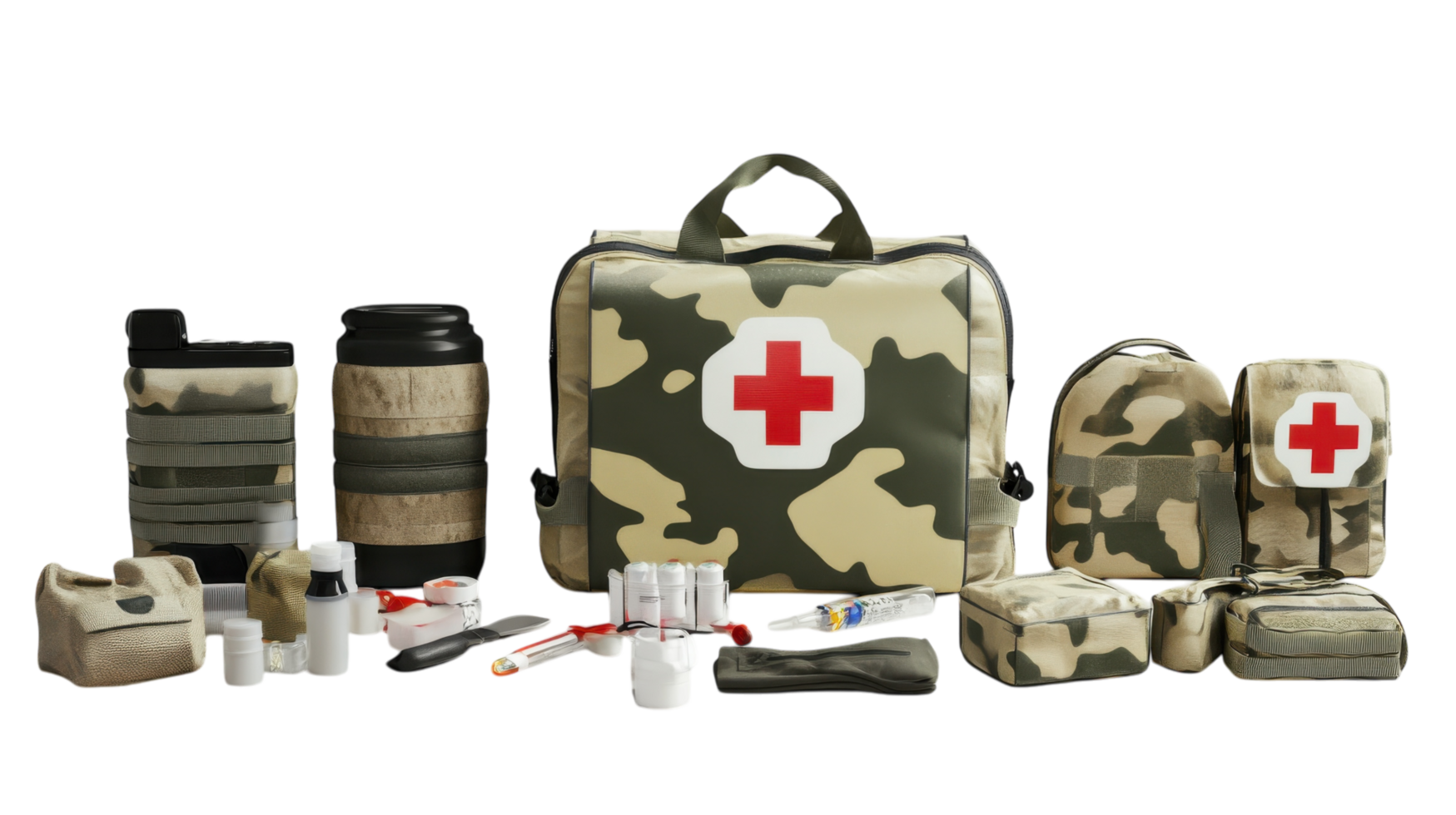 First aid kit and medical supplies organized for outdoor adventure or emergency preparedness in camouflage design png