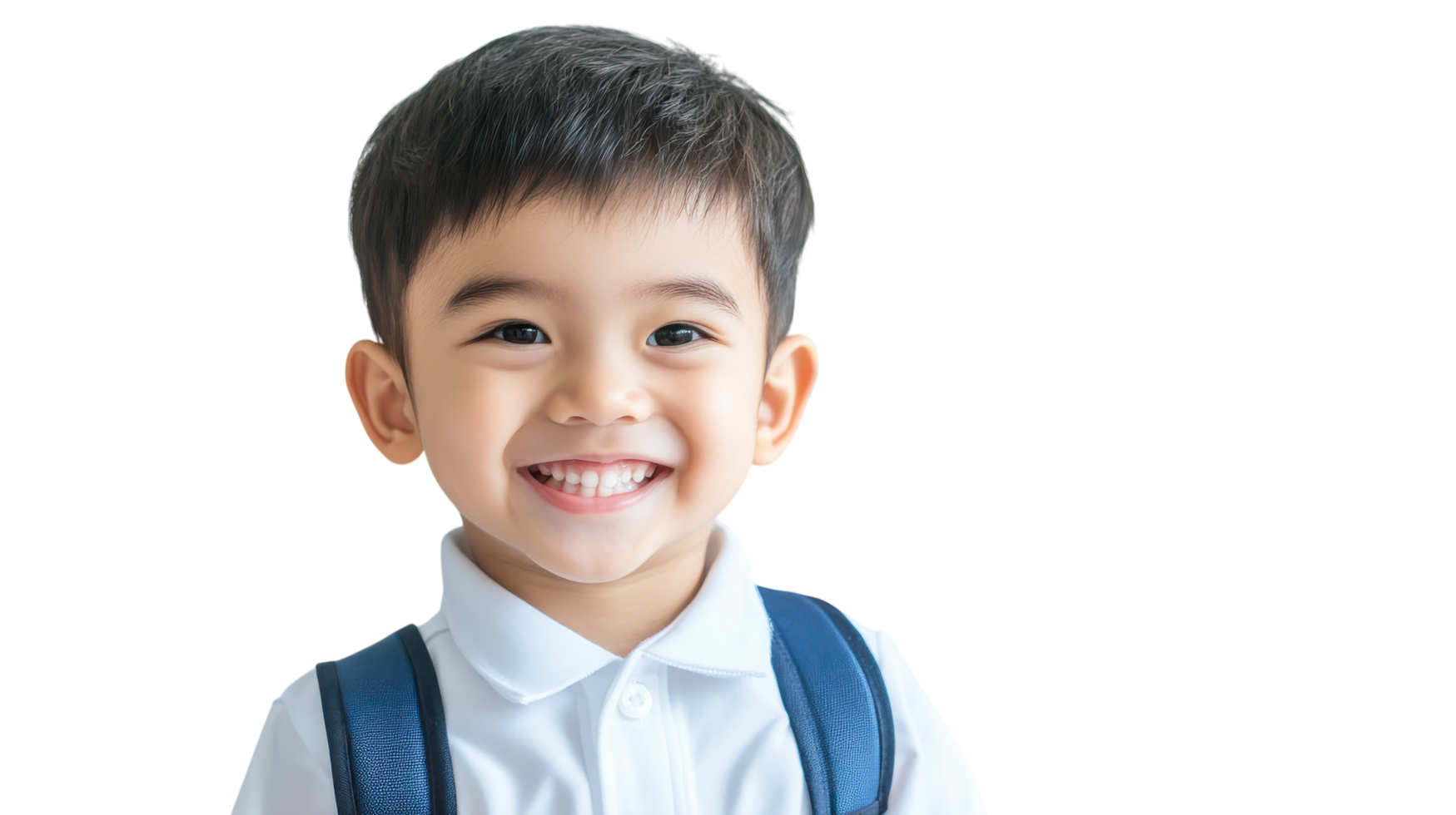 Happy young boy with backpack smiles brightly in a bright indoor setting during school preparation time png