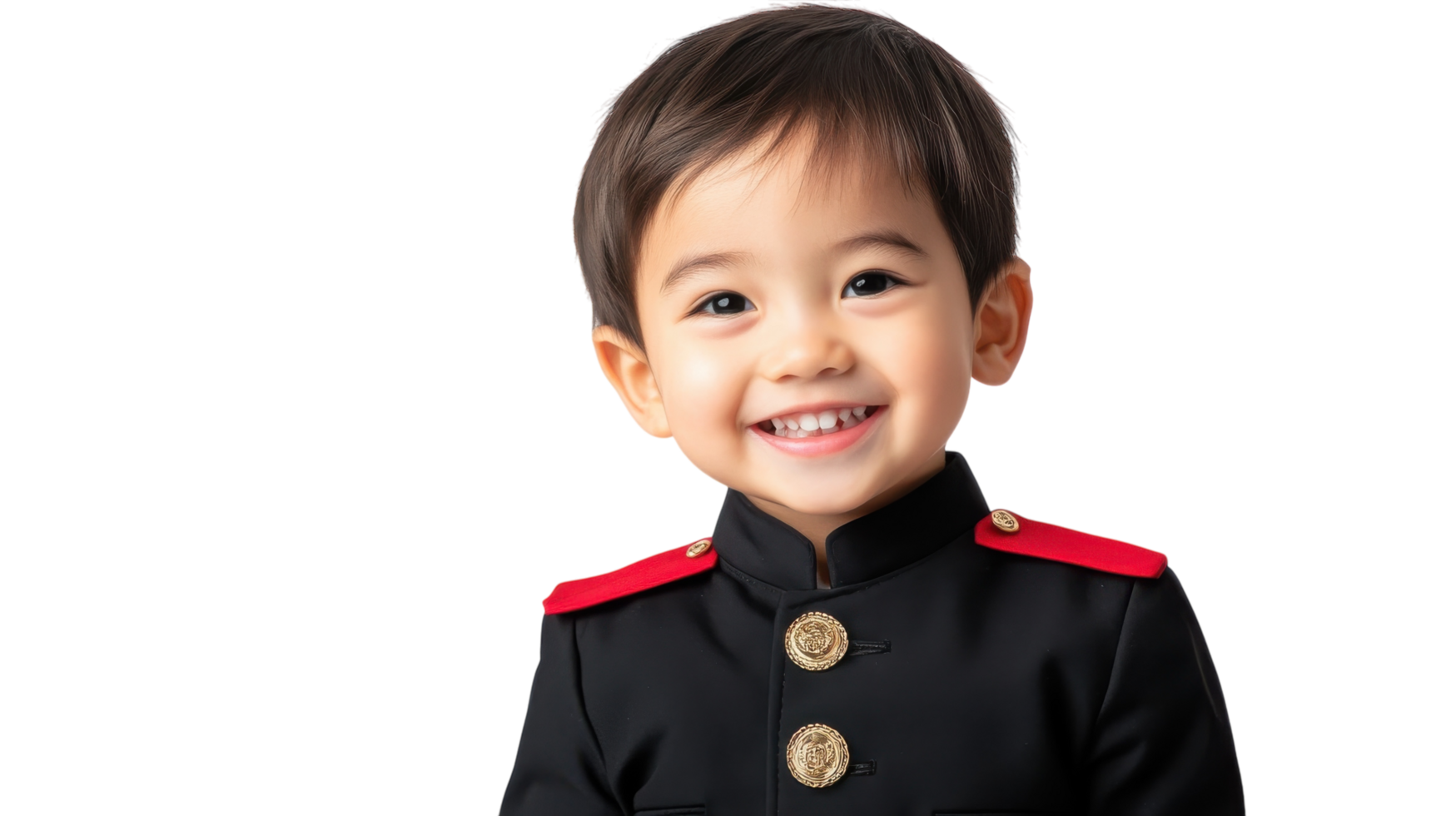 Smiling young boy in formal uniform poses for a portrait with bright expression and stylish detail in attire png