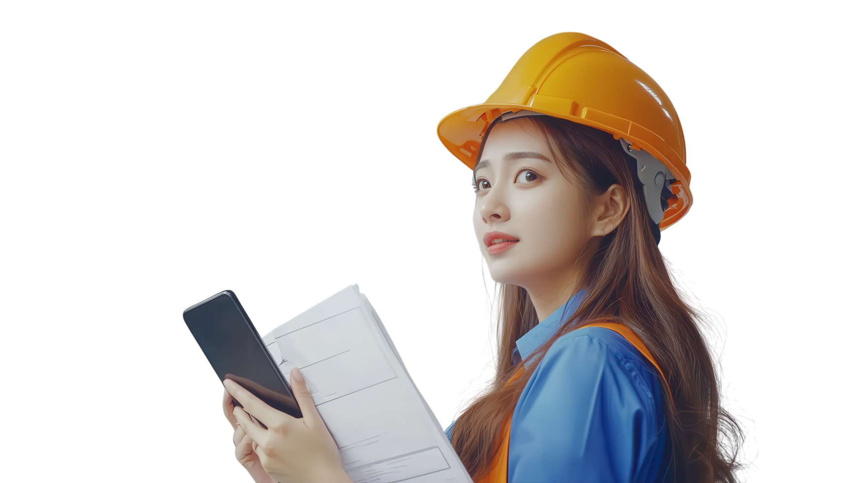 Young construction worker reviews plans while holding smartphone and documents at a worksite in daylight png