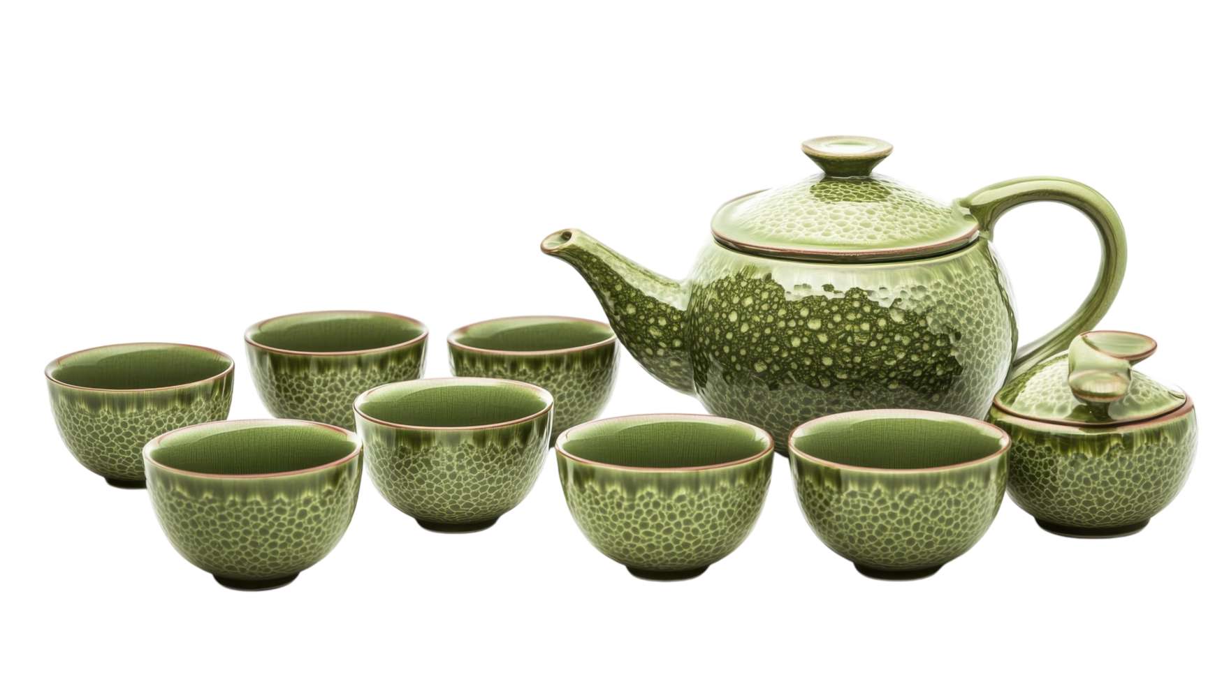 Teapot set with intricate green designs displayed with matching cups in an elegant arrangement png