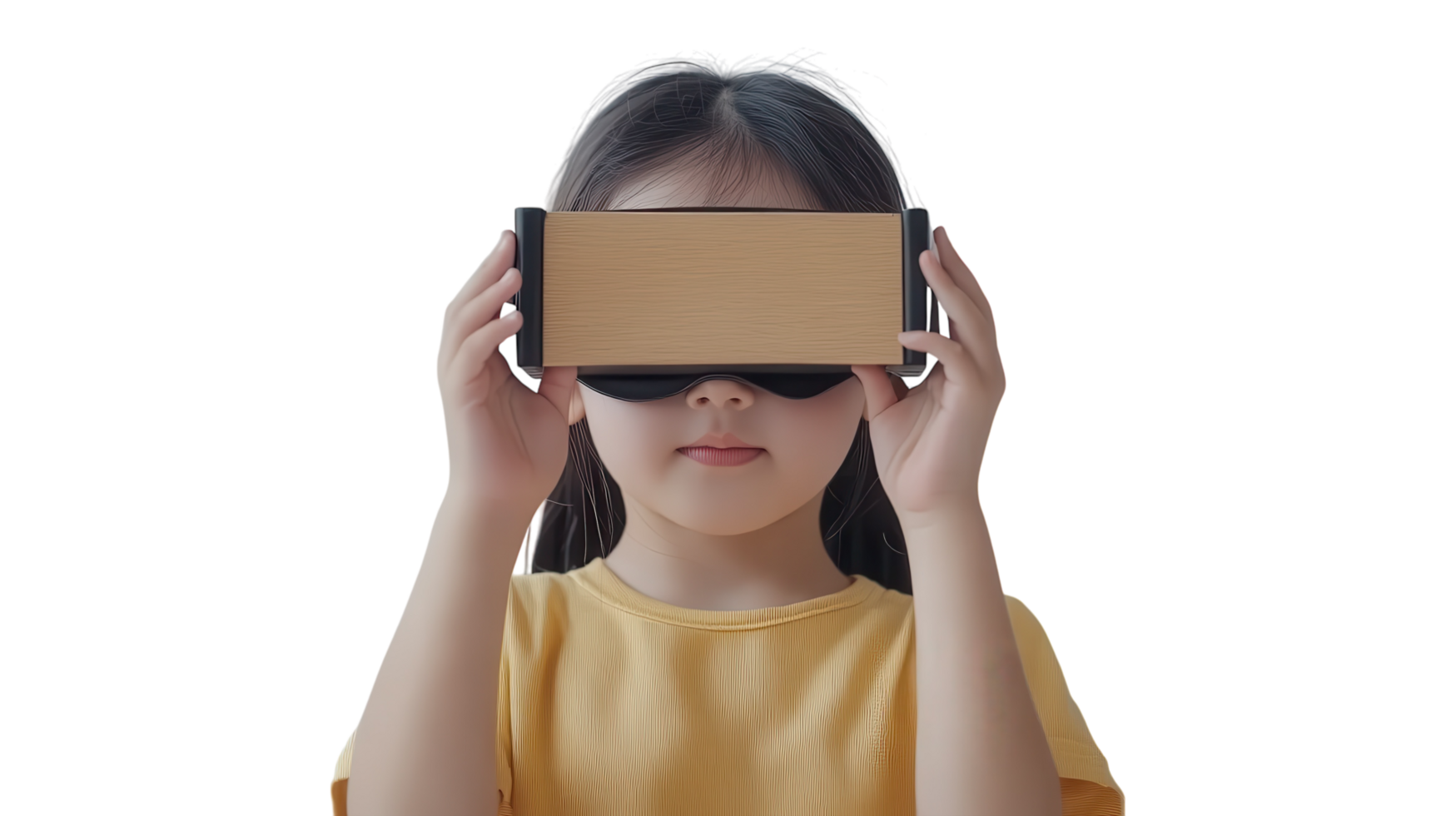 Child explores virtual reality through a headset while engaged in an interactive experience indoors during daylight png