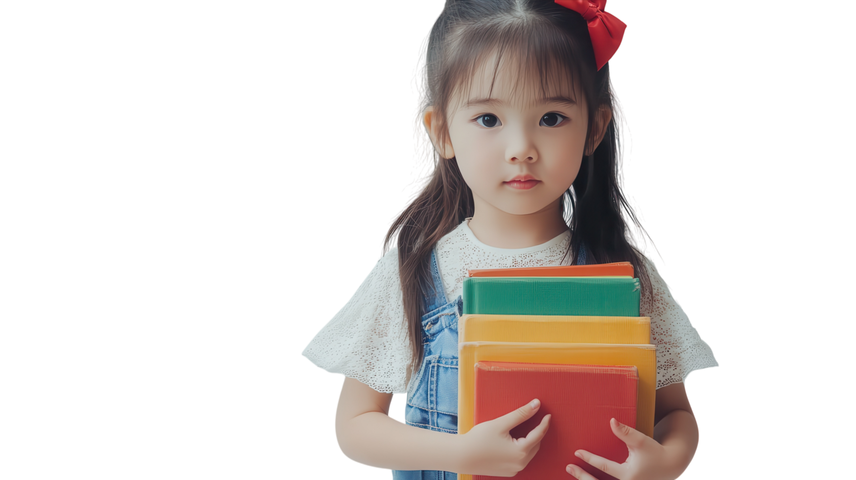 Young child with colorful books standing against a plain background in an educational setting focused on reading png