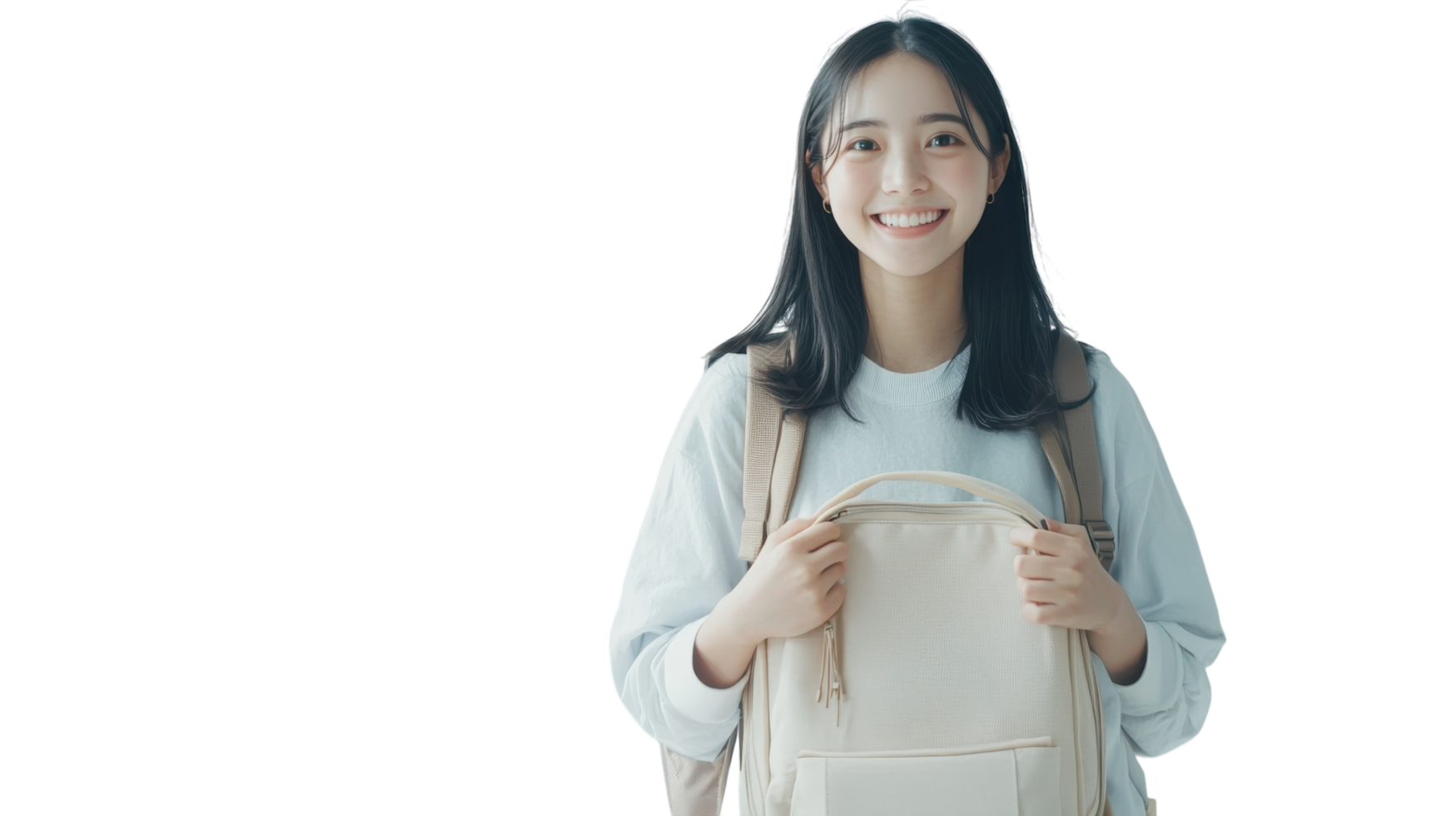 Young woman with a backpack smiling brightly against a white background in a casual setting png