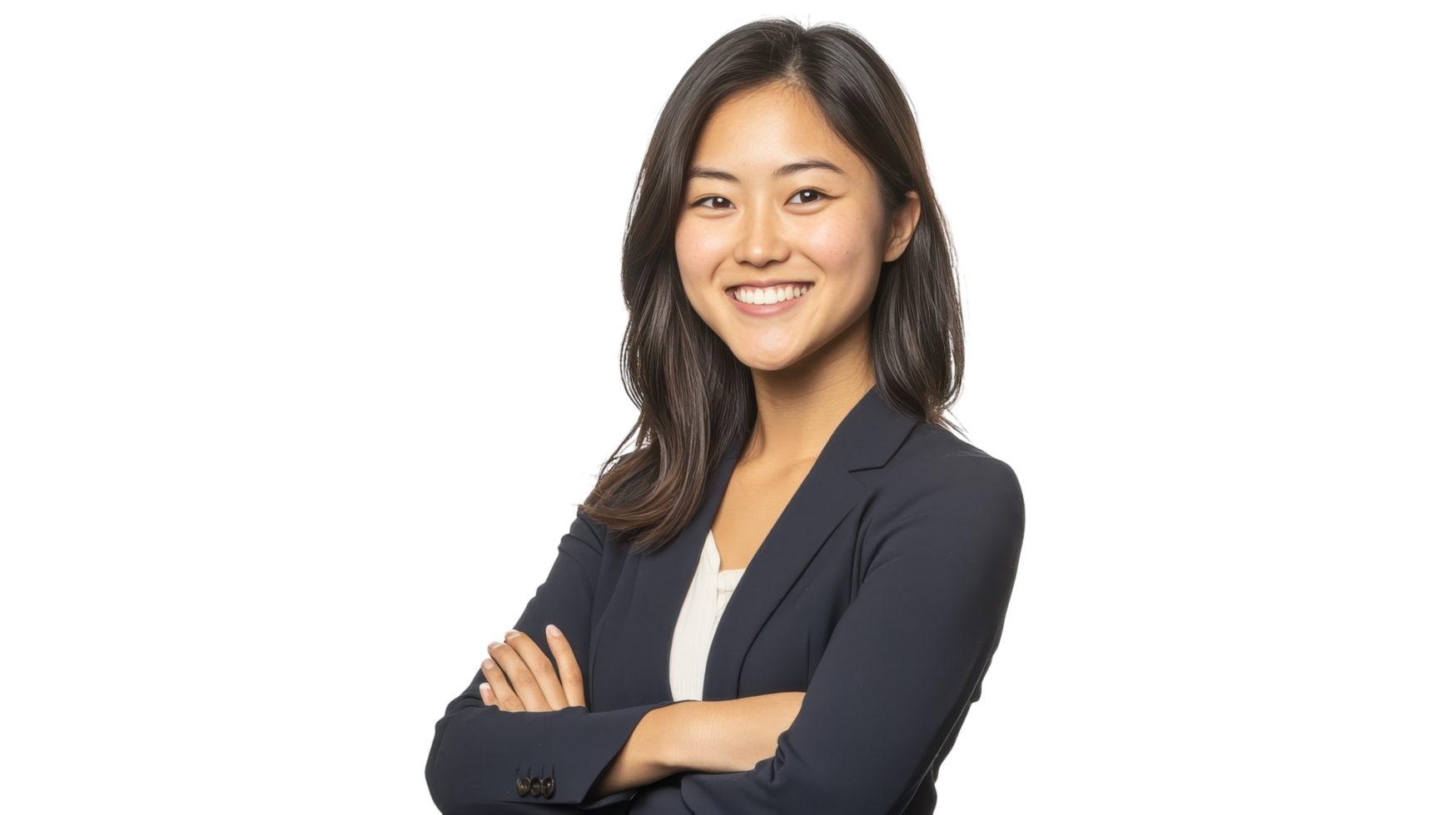 Professional woman poses confidently in a suit, showcasing her expertise and self-assurance in a bright studio environment png