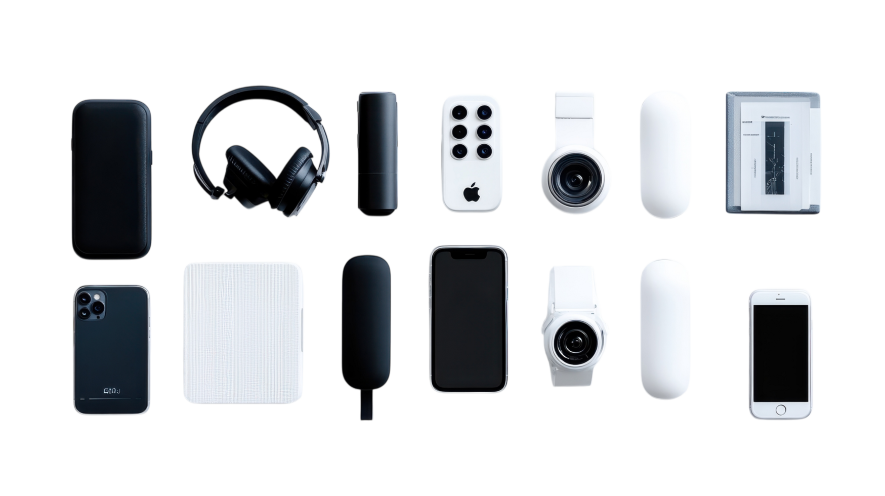 Modern tech accessories arranged neatly on a white background showcasing various gadgets and devices png