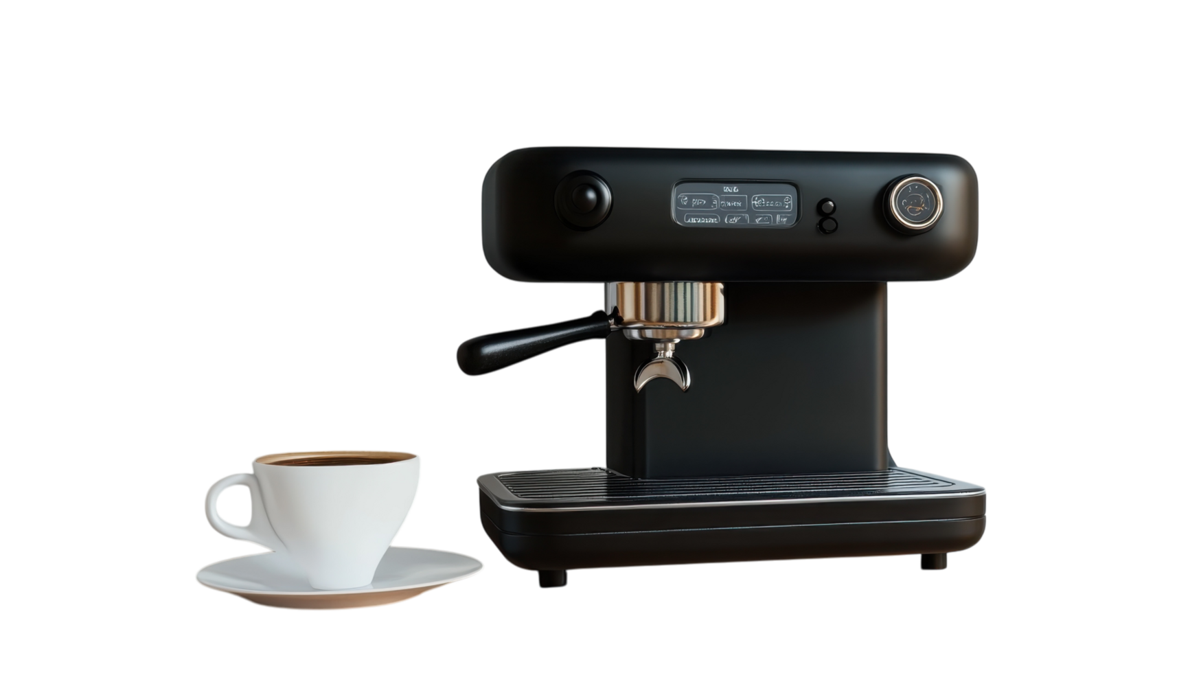 High-quality black espresso machine with a cup of coffee on a saucer in a modern kitchen setting png