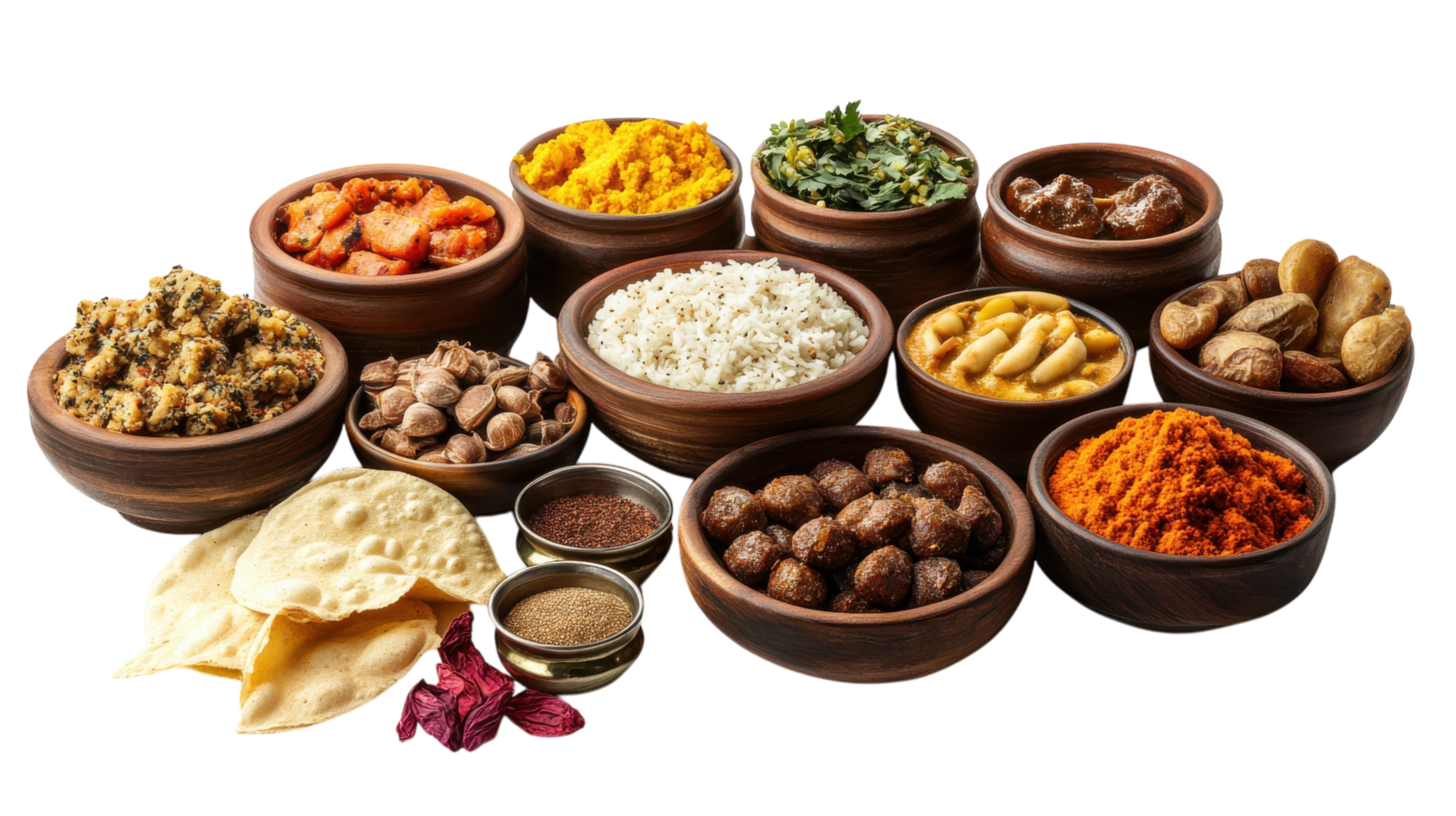 Colorful array of traditional spices and ingredients displayed in clay bowls on a white background png