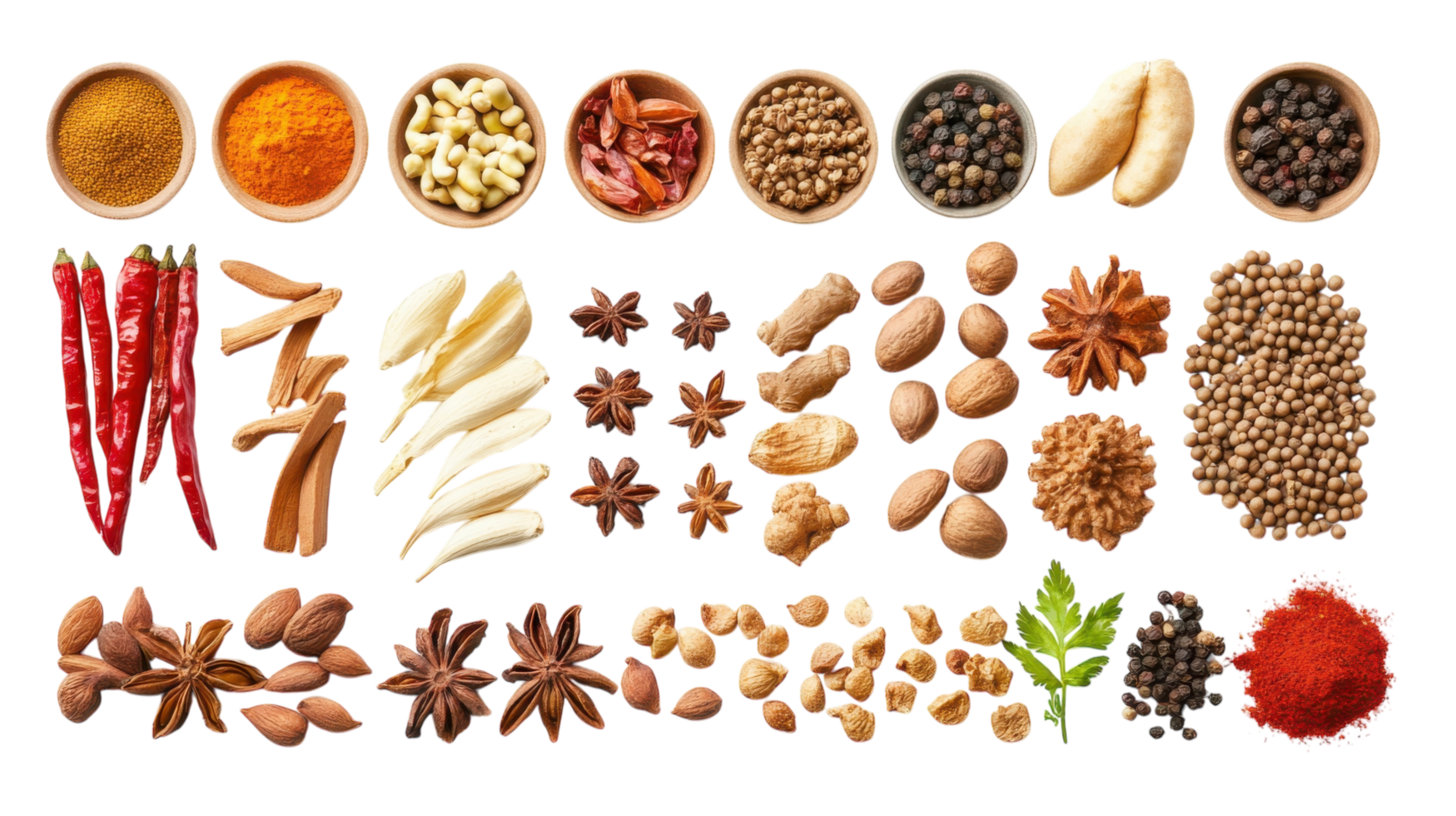 Collection of colorful spices and herbs arranged in bowls and on a white background showcasing diverse culinary ingredients png