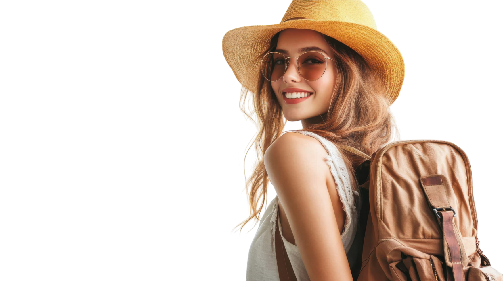 Smiling woman with hat and backpack ready for adventure on a bright day png