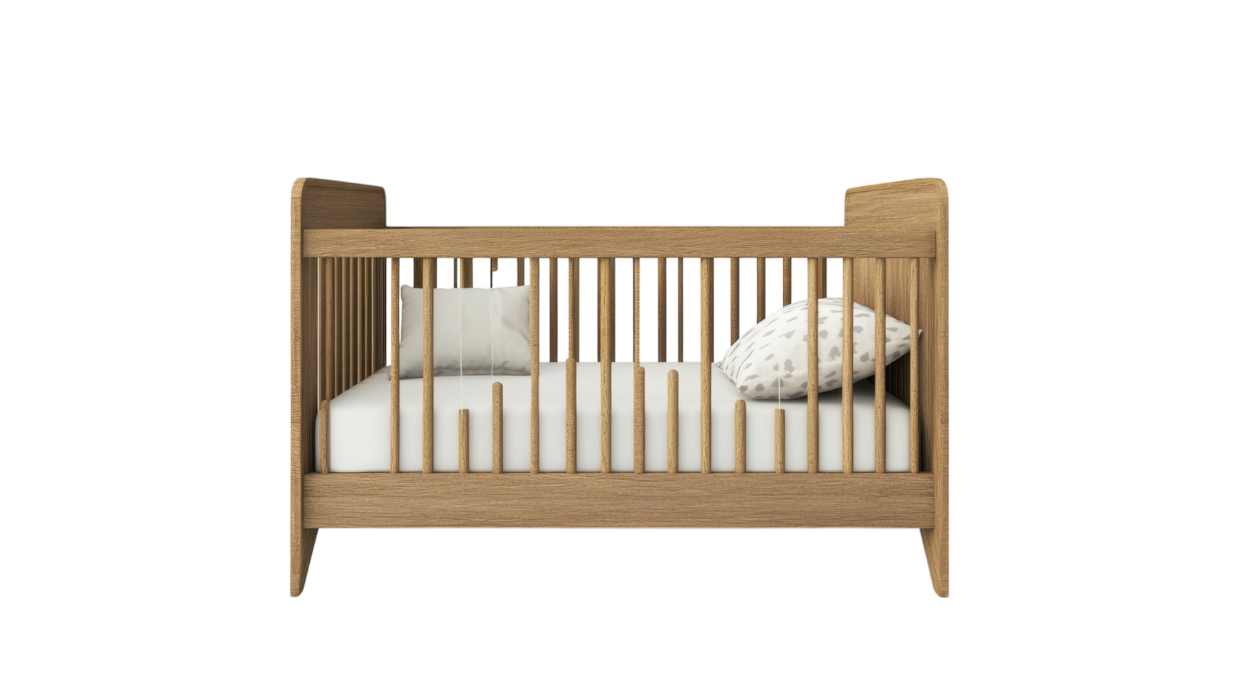 Modern wooden crib designed for a cozy nursery space with a neutral color palette and soft bedding png