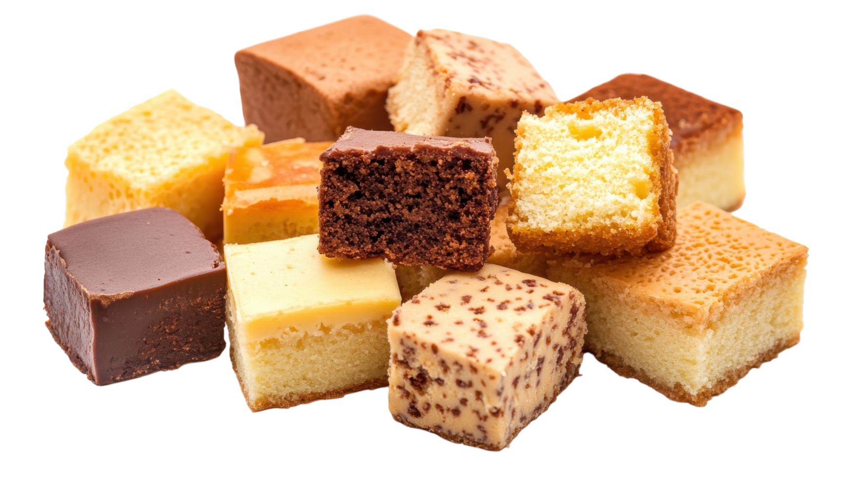Assortment of colorful mini cakes and desserts arranged attractively on a white surface png