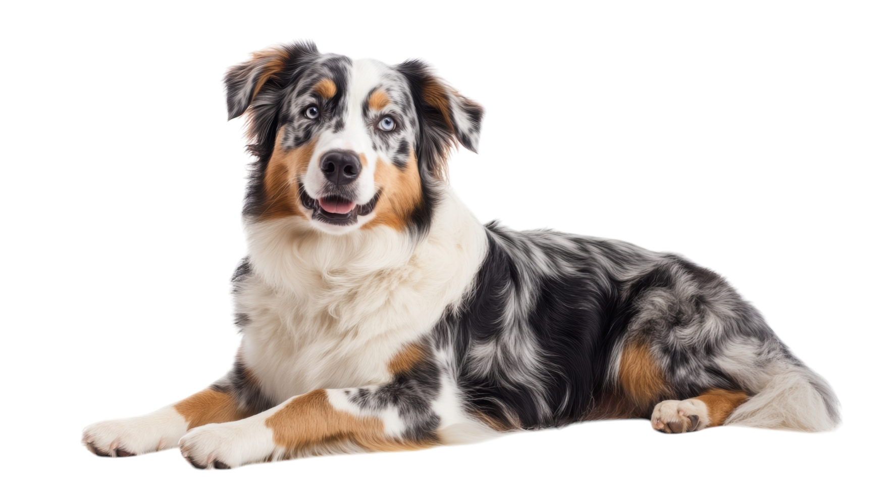 Cute Australian Shepherd dog lying comfortably on a white background, showcasing its unique coat patterns and friendly expression png