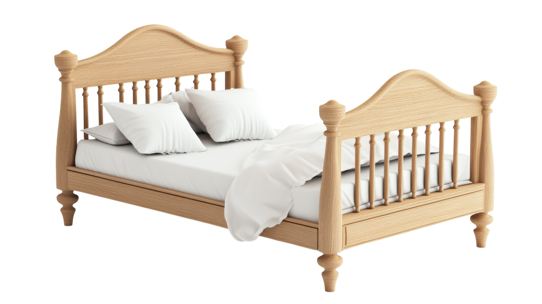 Elegant wooden bed with decorative headboard and plush pillows, ideal for cozy bedrooms and restful nights png