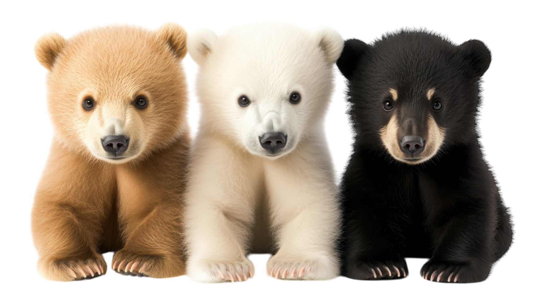 Three adorable bear cubs of different fur colors sitting side by side in a playful pose png