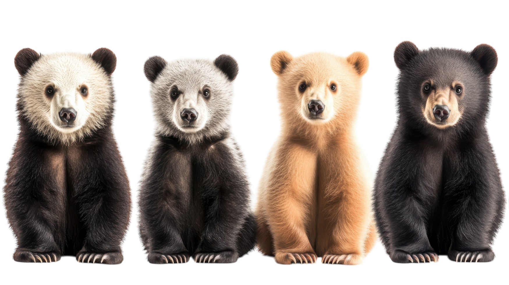 Four adorable bear cubs of different colors sitting together in a row showcasing their unique fur patterns and playful demeanor png