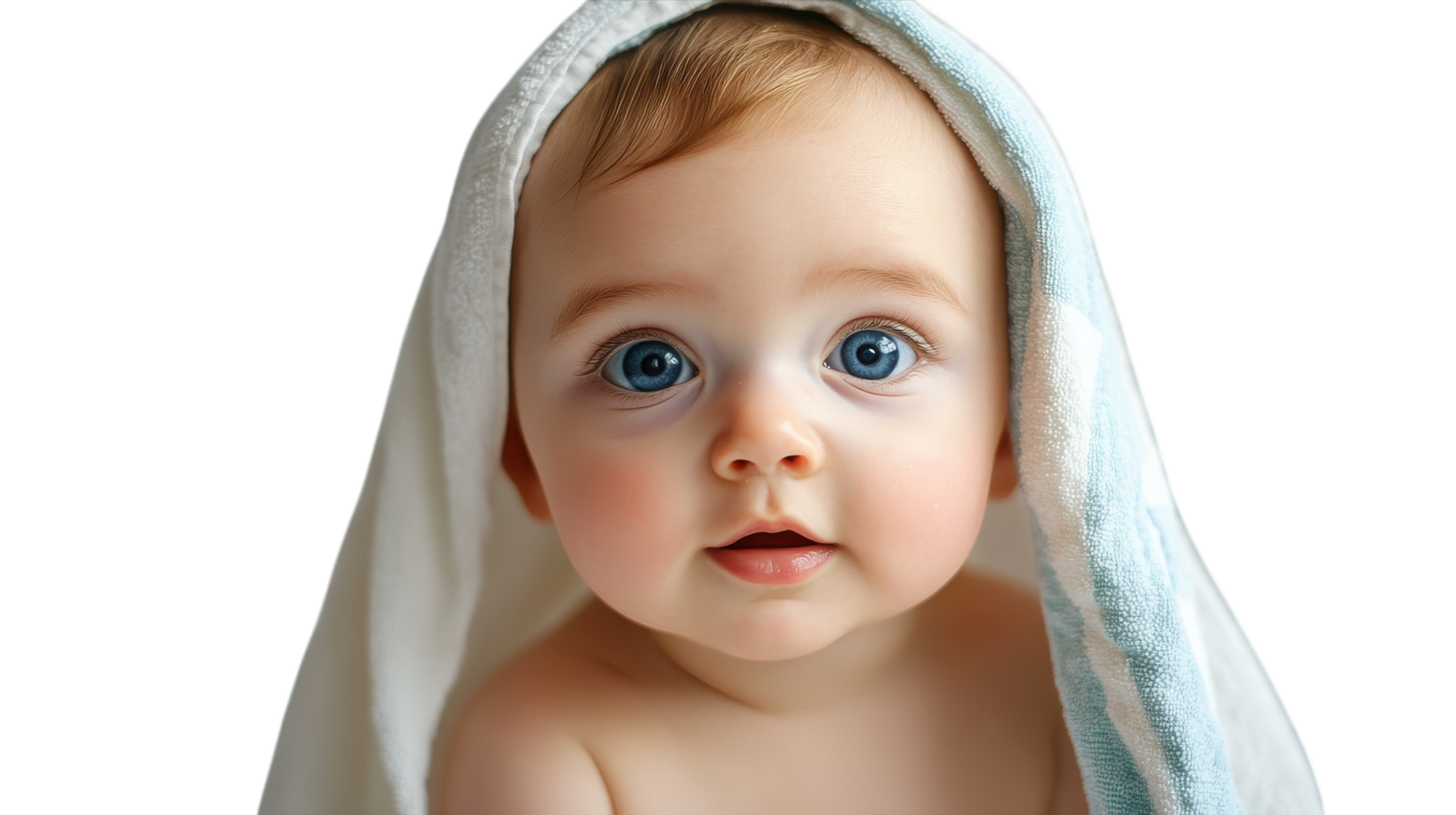 Charming baby with striking blue eyes wrapped in a soft towel, showcasing innocence and curiosity indoors png