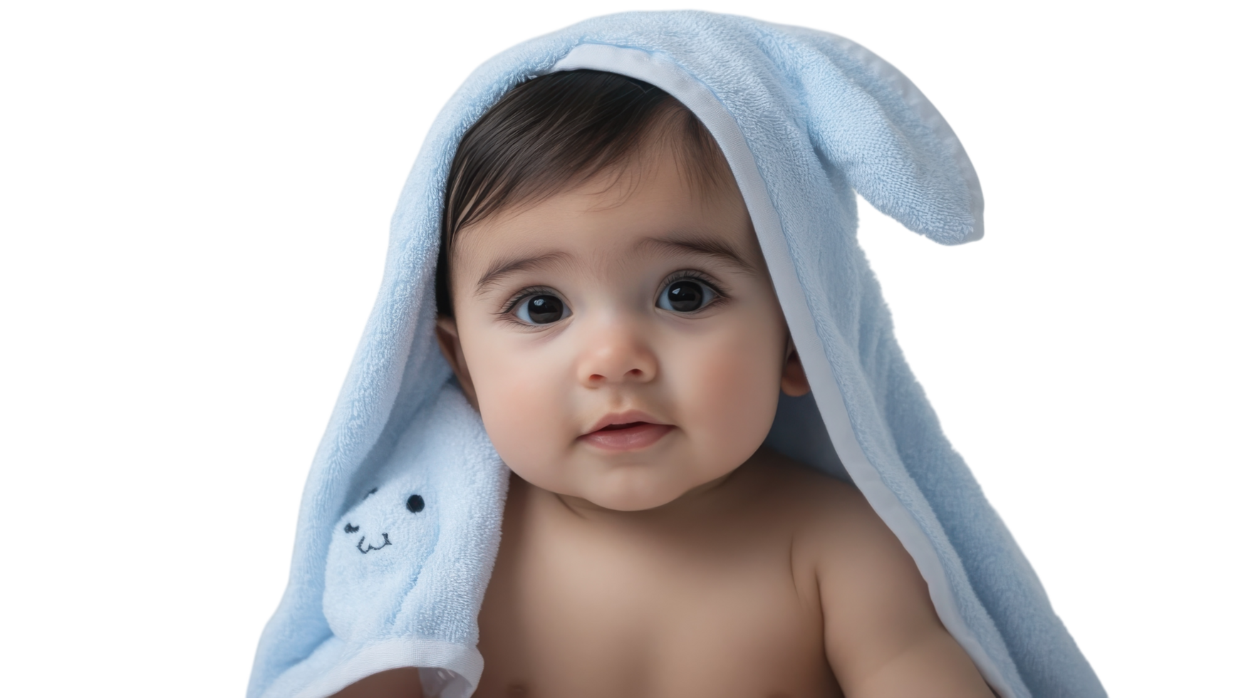 Cute baby wrapped in a blue bunny towel with a gentle expression, sitting indoors png