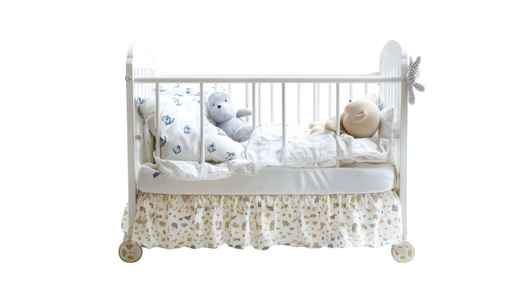 Cozy nursery featuring a decorated crib with stuffed animals and soft bedding in a serene atmosphere png