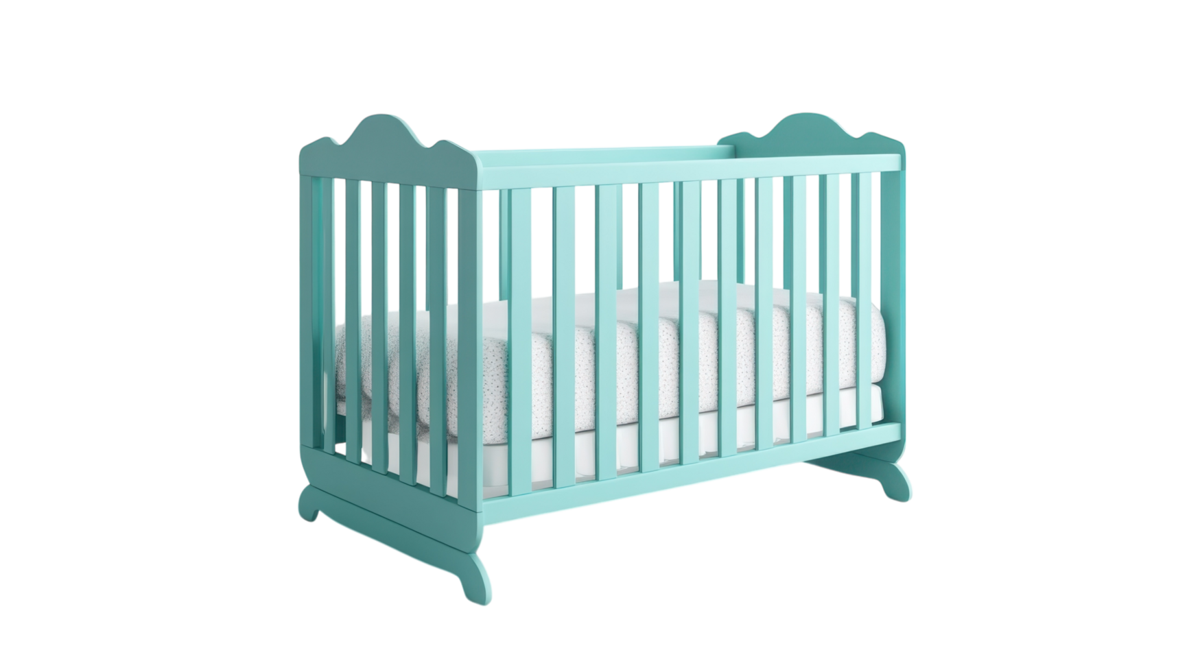 Stylish turquoise crib with a soft white mattress designed for a cozy nursery png