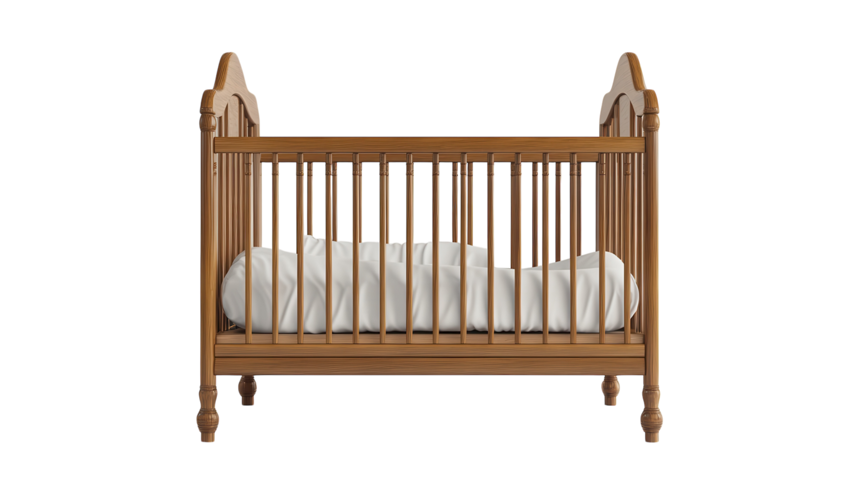 Wooden crib with soft bedding in a serene nursery setting at daylight png