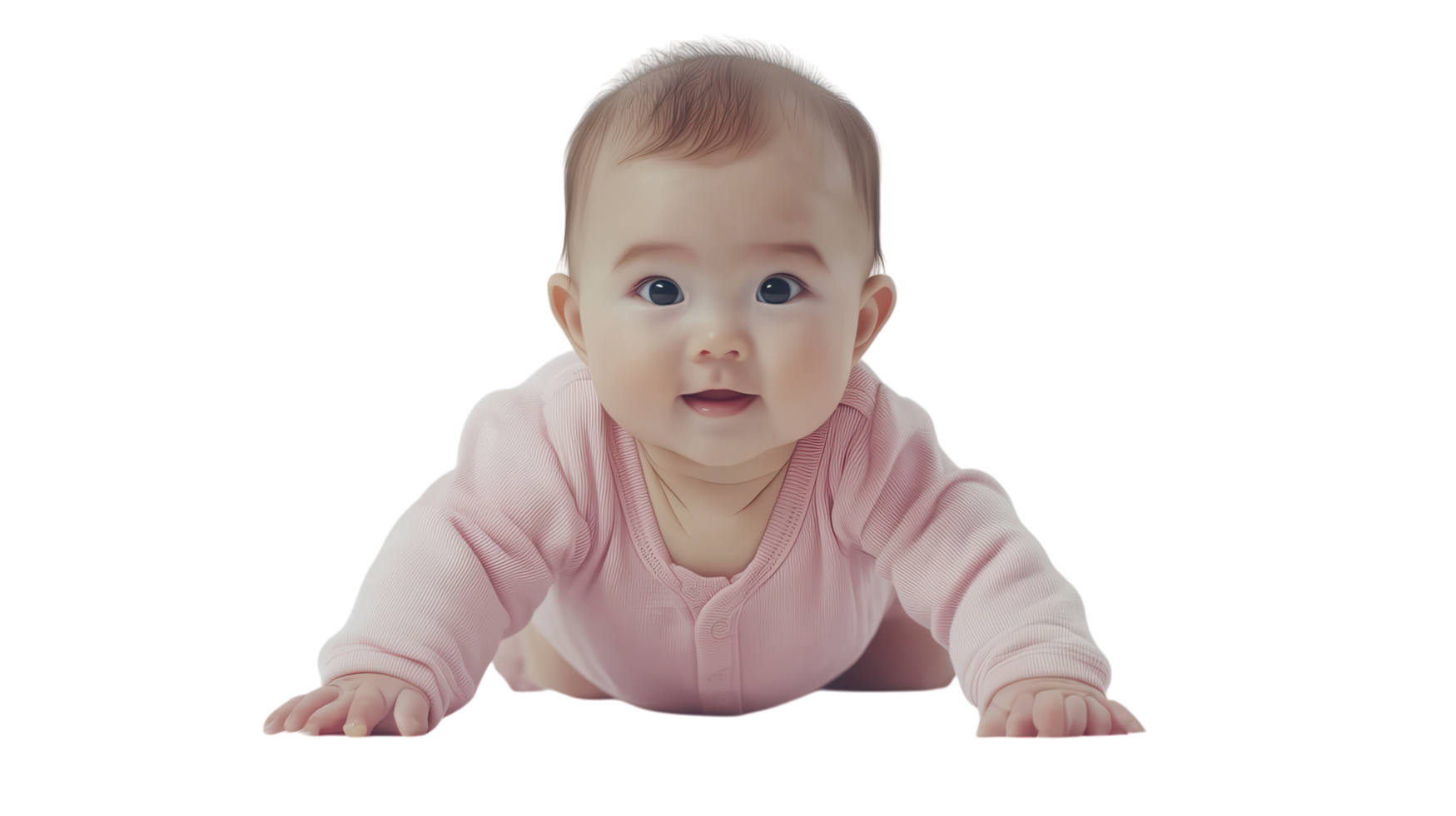 Baby crawls on hands and knees with a joyful expression in a cozy indoor setting during daytime png