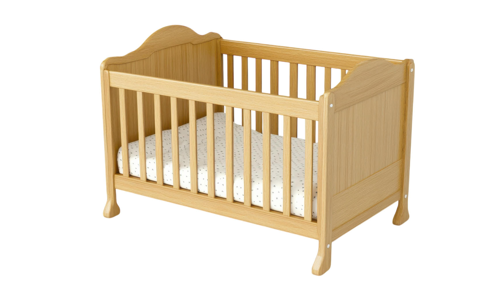 Wooden crib with a soft mattress suitable for a nursery or baby room in a serene environment png