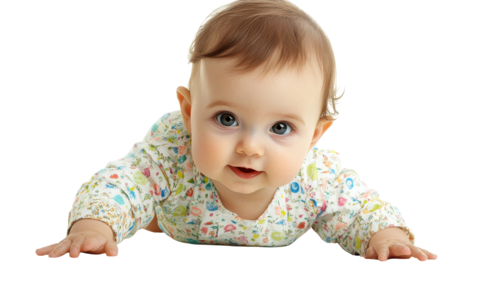 Baby in colorful onesie crawling on a white background with a curious expression png