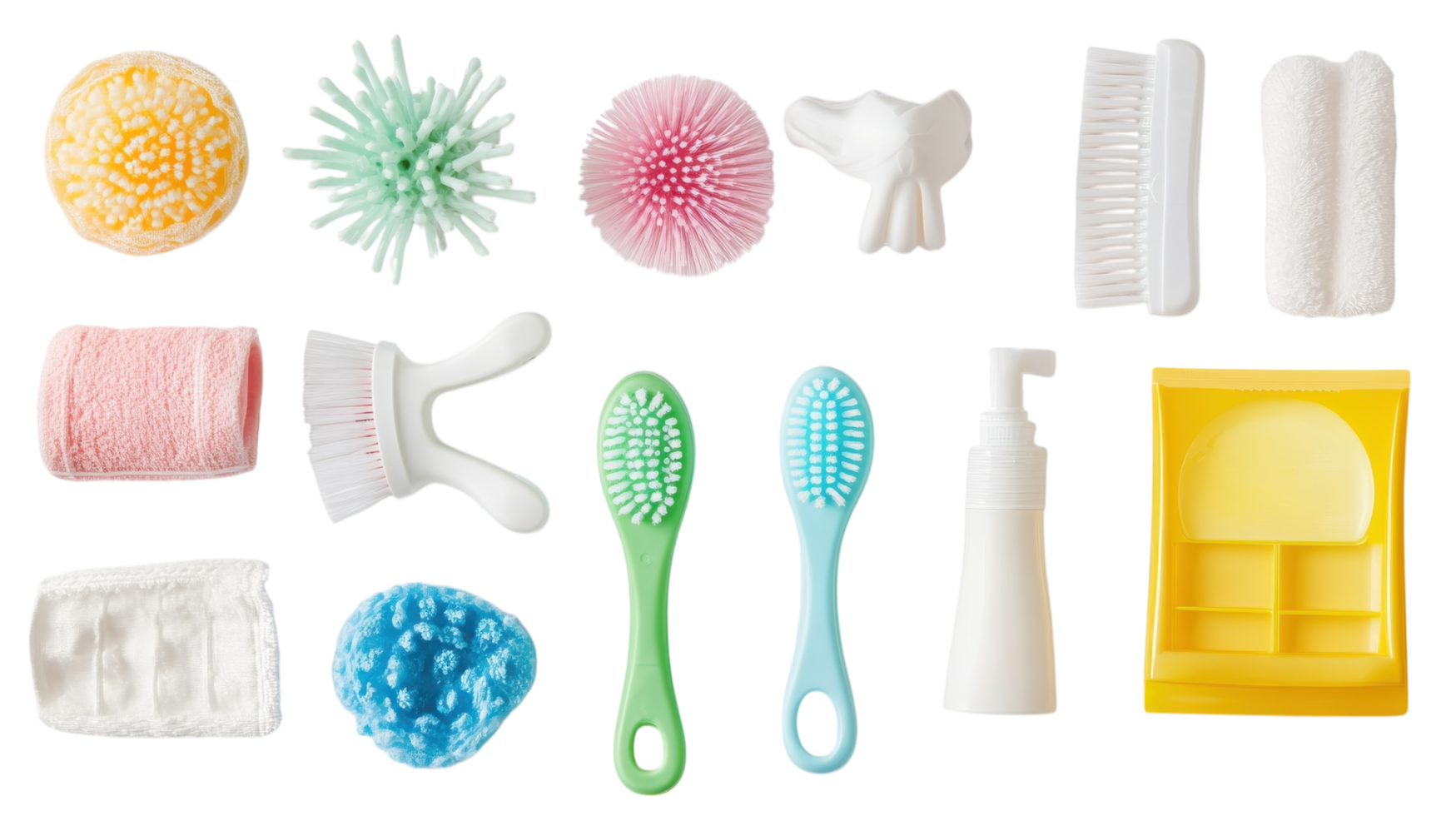 Colorful assortment of cleaning brushes and accessories arranged neatly on a white background showcasing various textures and shapes png
