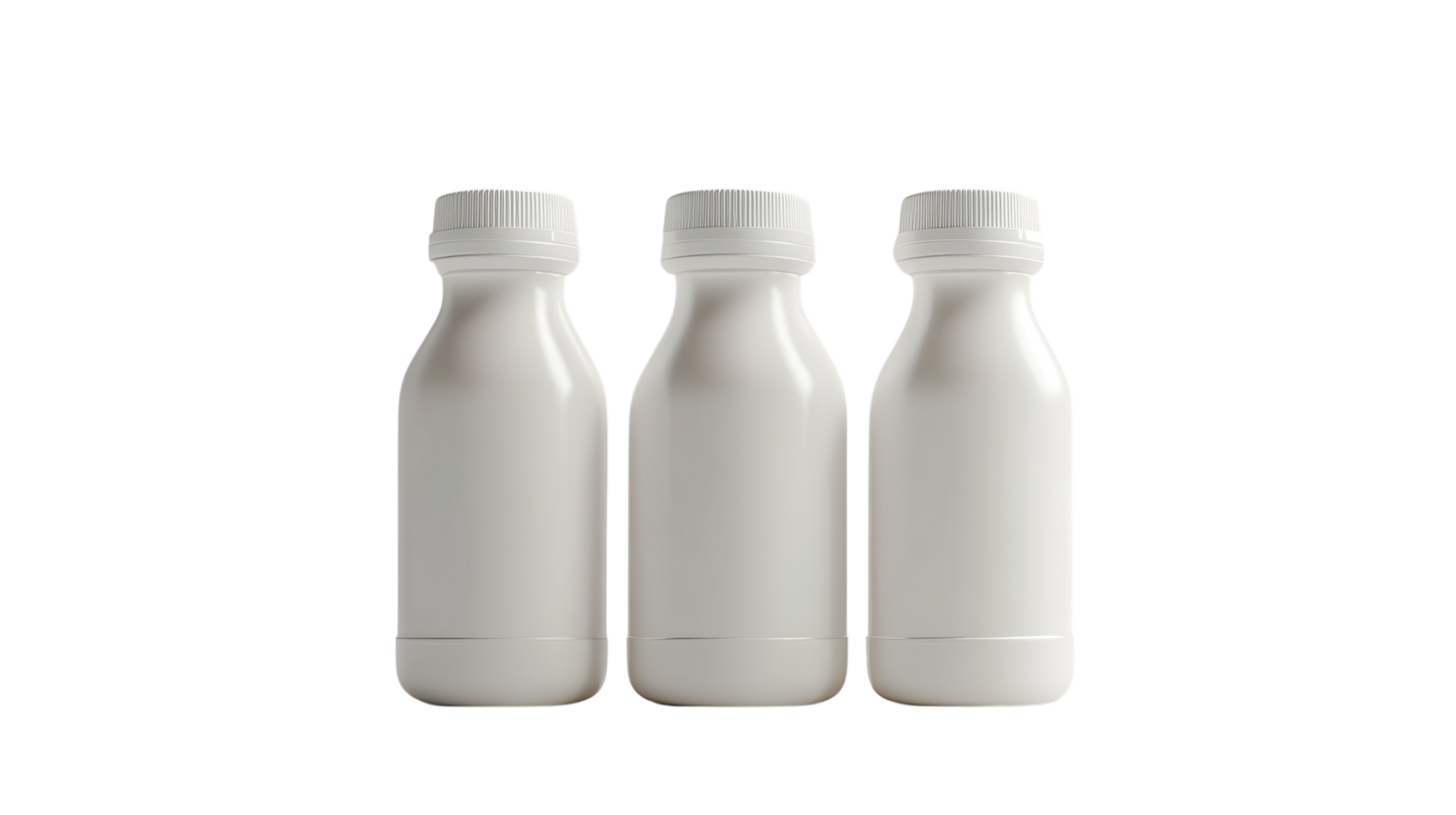 White plastic bottles lined up on a neutral background for a clean and simple presentation of dairy products png