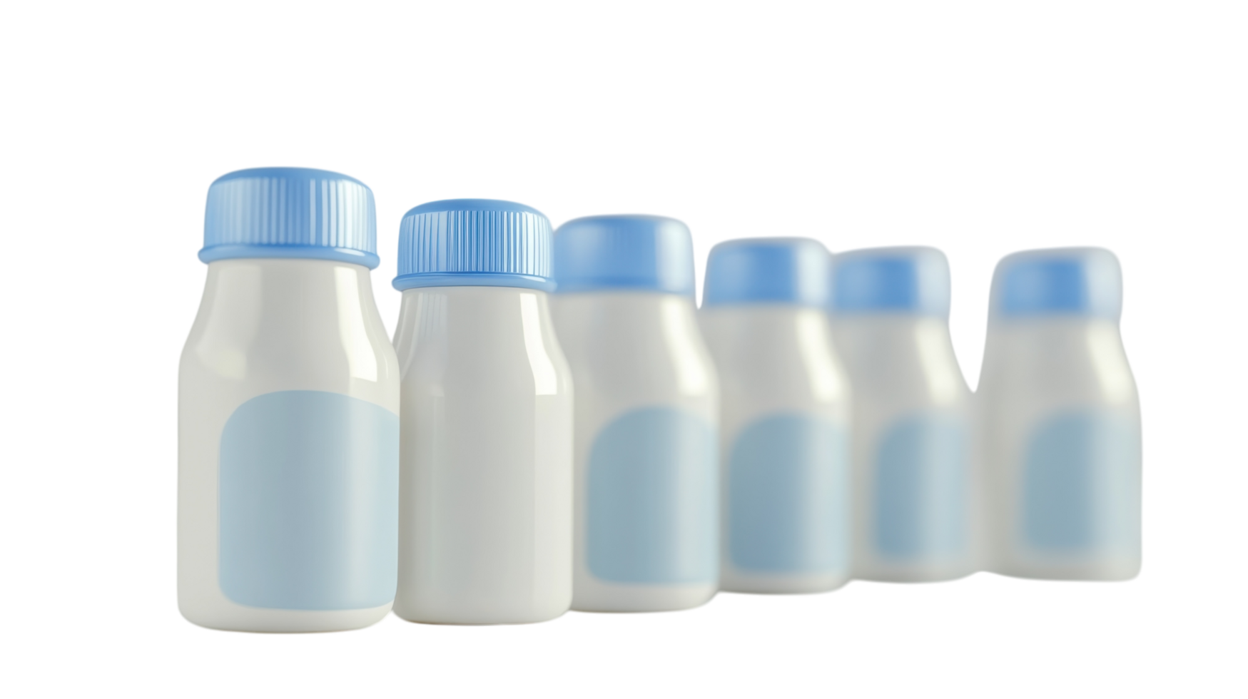 Bottles of milk lined up on a plain background in a studio setting png