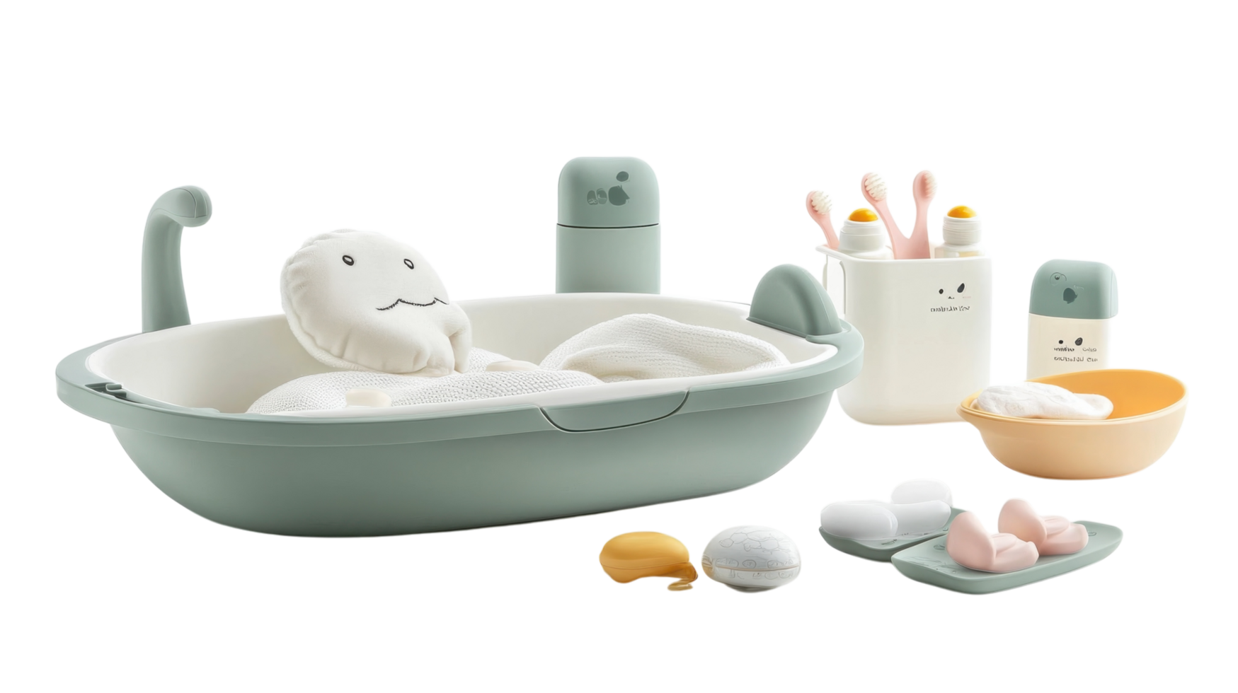 Soft toy bath set for toddlers arranged on a table with colorful accessories and bath products png
