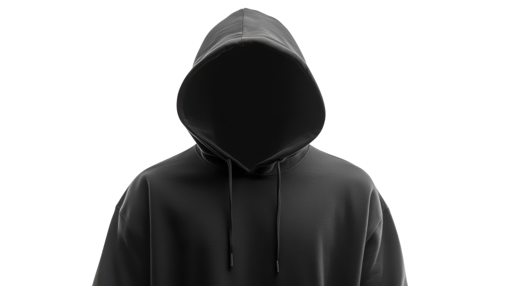 Mysterious figure in a black hoodie stands against a plain background with no visible features or identity png