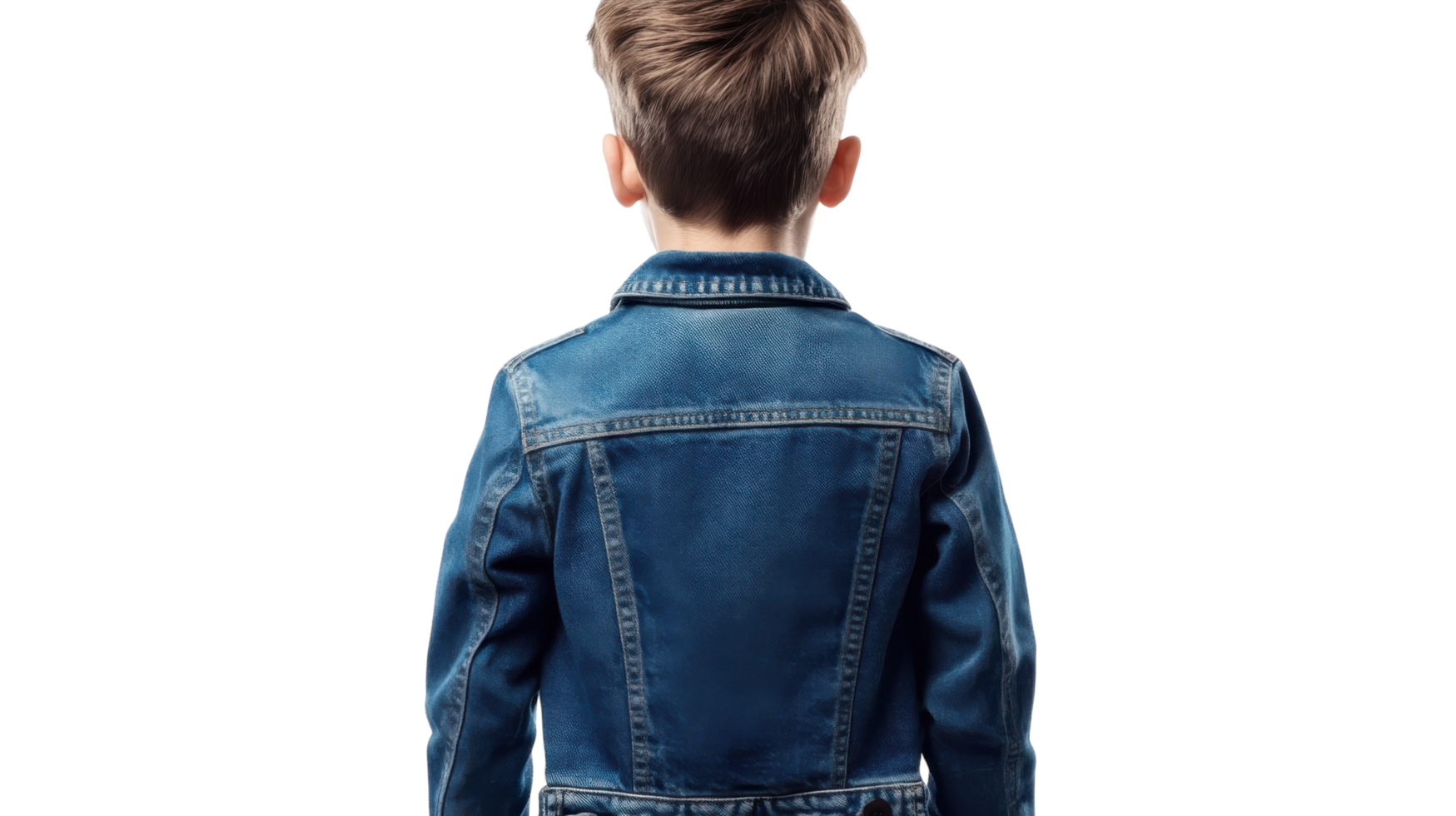 Young boy wearing a denim jacket stands with his back to the camera in a minimalist setting during a bright afternoon png